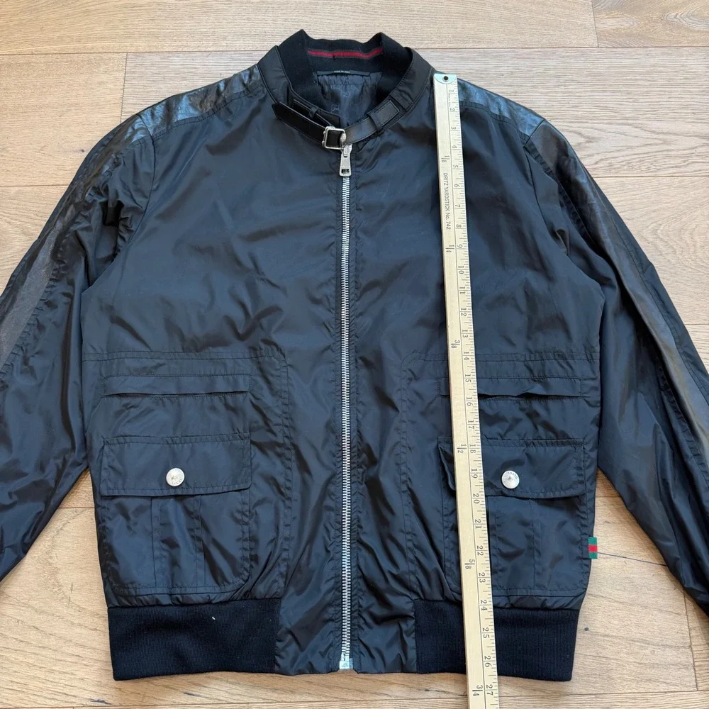 Gucci Mens Black Polyamide Leather Trim Bomber Jacket 221499 Size 54 IT